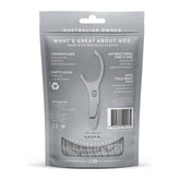 Dentagenie GO2 dental floss packaging with text on a white background